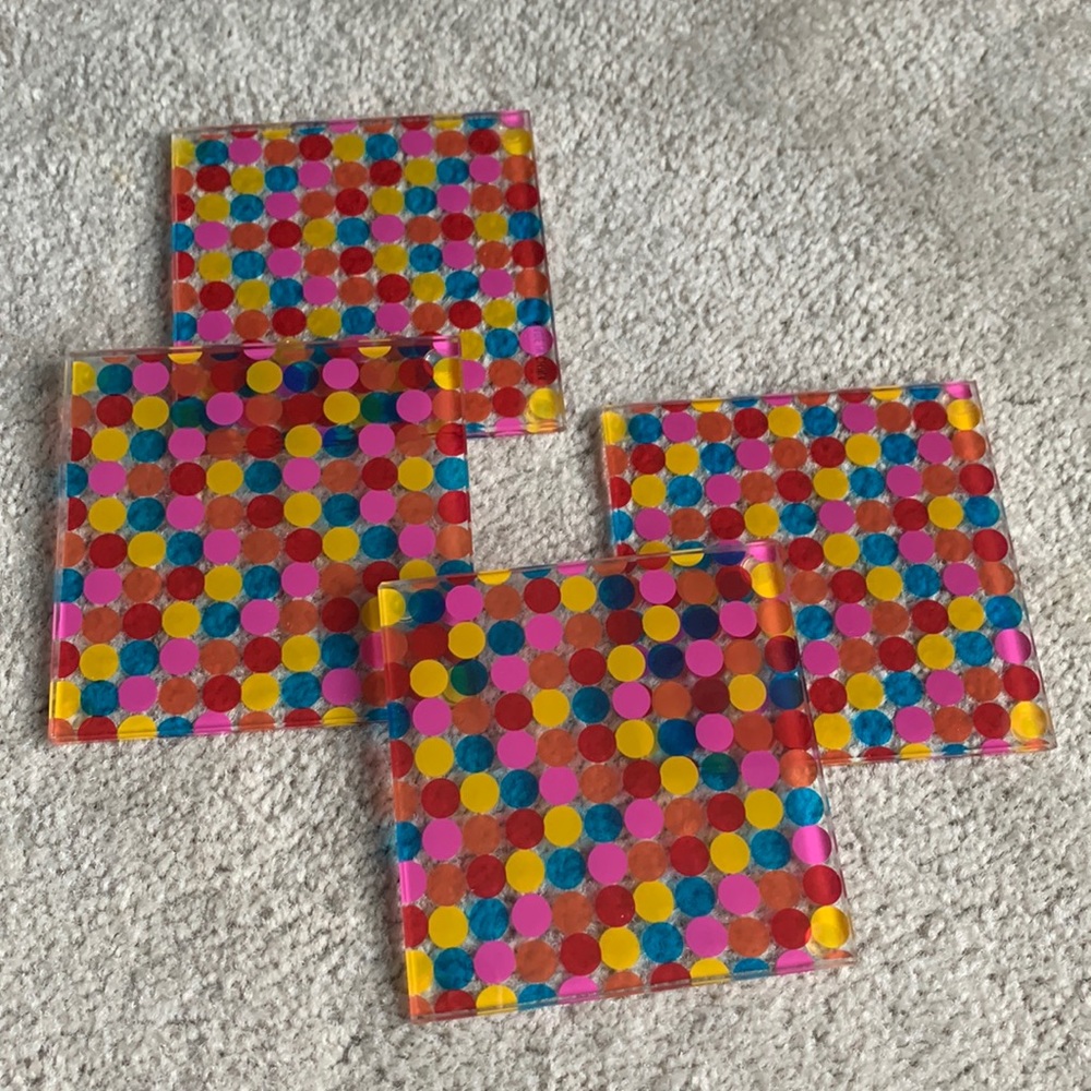 Glass Coasters Set of Four Pink, Orange, Yellow, Blue Polka Dot